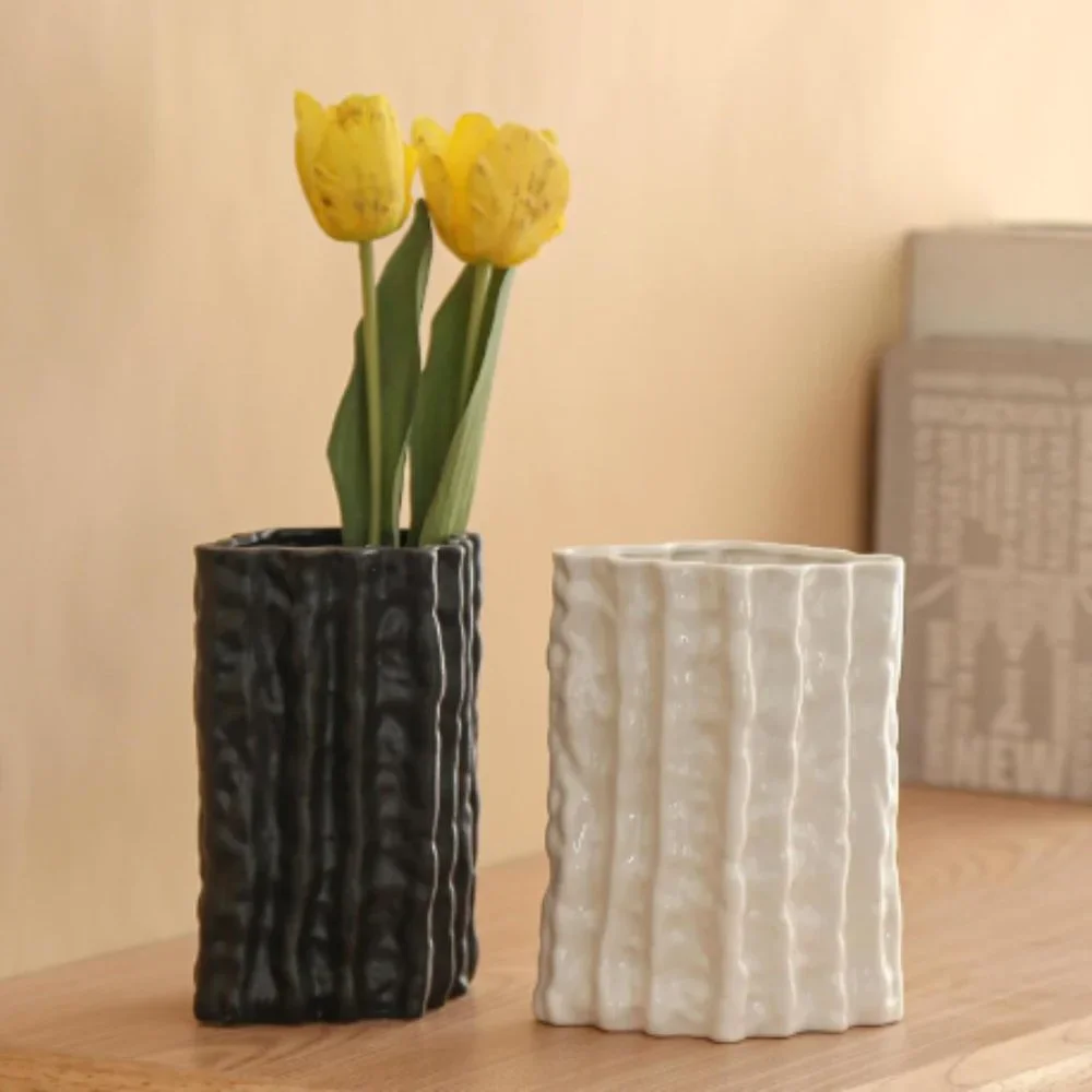 Set of 2 - Lg Black & White - Ribbed Rhombus Ceramic Vases for Flowers & Decor